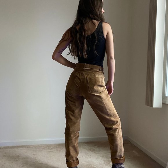 Vintage high waist tan genuine leather pants - Picture 5 of 8